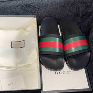 Gucci Black Slides with Red and Green Stripes
